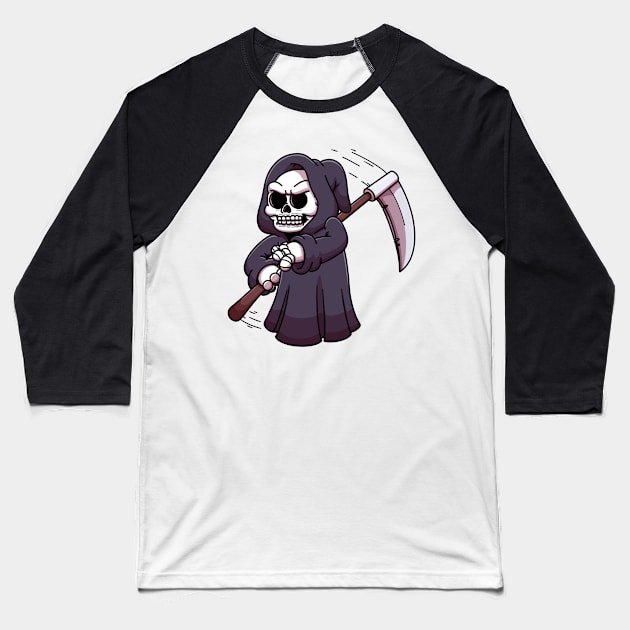 Grim Reaper Doing Tricks Baseball T-Shirt by TheMaskedTooner